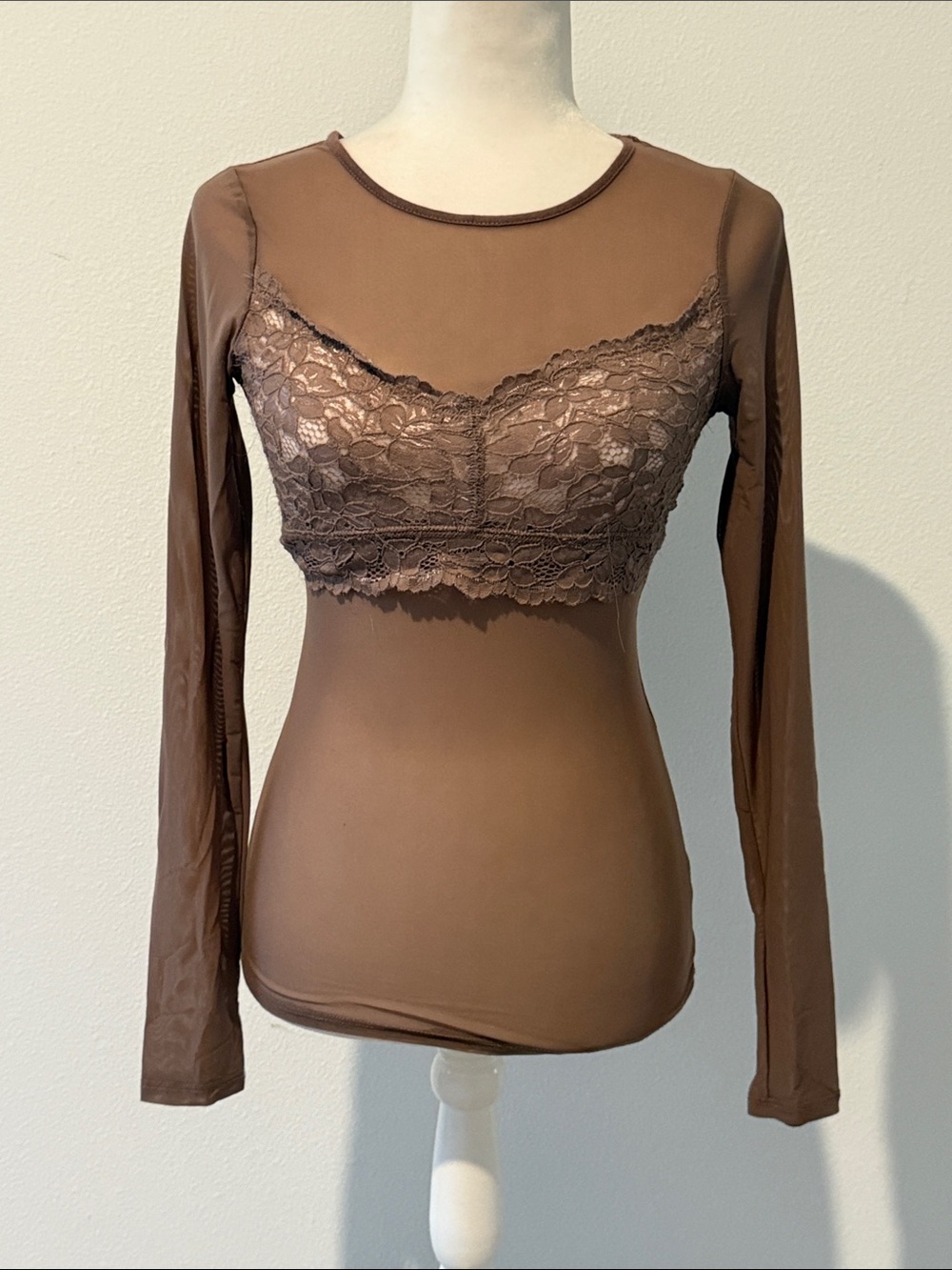Bozzolo Brown Sheer Lace-Trim Long Sleeve Top